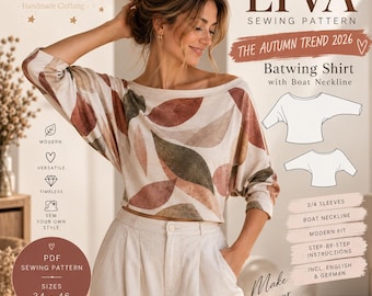 May include: A batwing shirt with a boat neckline featuring a cream base with an abstract leaf pattern in shades of rust, olive green, and brown. The shirt has three-quarter length sleeves and a cropped fit. Text includes LIVA SEWING PATTERN.