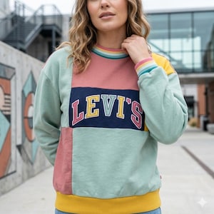 Pode incluir: Uma camisola com blocos de cores com o log&oacute;tipo da Levi's. A camisola apresenta um design de patchwork com pain&eacute;is em verde pastel, rosa e amarelo. A gola e os punhos t&ecirc;m riscas arco-&iacute;ris. O log&oacute;tipo da Levi's est&aacute; num ret&acirc;ngulo azul marinho.