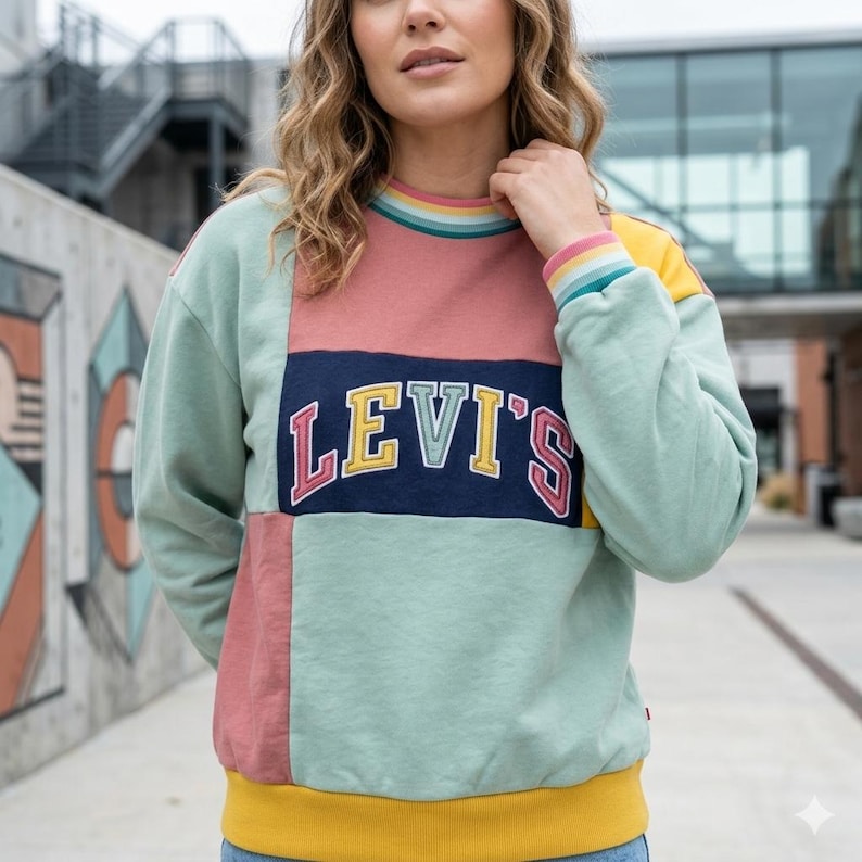 Pode incluir: Uma camisola com blocos de cores com o log&oacute;tipo da Levi's. A camisola apresenta um design de patchwork com pain&eacute;is em verde pastel, rosa e amarelo. A gola e os punhos t&ecirc;m riscas arco-&iacute;ris. O log&oacute;tipo da Levi's est&aacute; num ret&acirc;ngulo azul marinho.