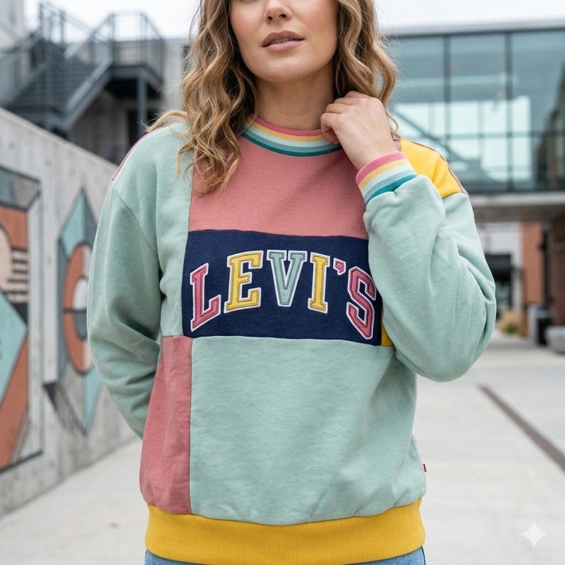 May include: A color-block sweatshirt with the Levi's logo. The sweatshirt features a mix of colors including light green, pink, navy blue, and yellow. The collar and cuffs have rainbow stripes.