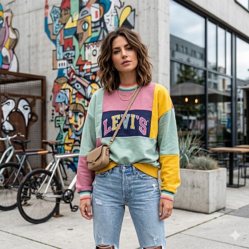 May include: A color-block sweatshirt with the Levi's logo in a navy blue rectangle. The sweatshirt features panels of pink, mint green, and yellow. The person is wearing light blue ripped jeans and a small tan purse. A colorful mural is in the background.