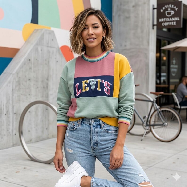 May include: A woman wearing a color-block Levi's sweatshirt with a navy blue rectangle featuring the brand's logo. The sweatshirt has panels of pink, yellow, and mint green. She is wearing light blue ripped jeans and white sneakers.