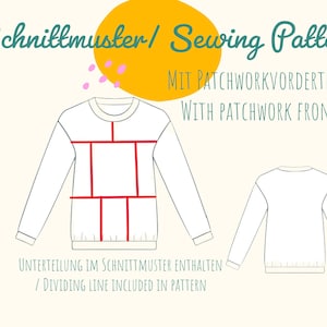 Pode incluir: Um padr&atilde;o de costura de camisola branca com linhas vermelhas indicando um design de patchwork. O texto "Schnittmuster/ Sewing Pattern" est&aacute; no topo, com texto adicional abaixo. Um c&iacute;rculo amarelo e pontos rosa est&atilde;o no fundo.