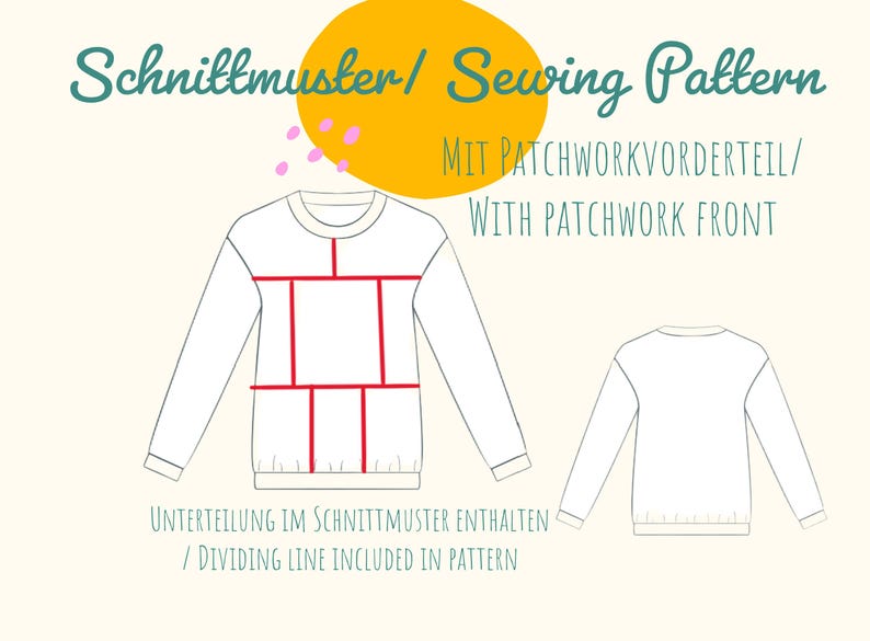 Pode incluir: Um padr&atilde;o de costura de camisola branca com linhas vermelhas indicando um design de patchwork. O texto "Schnittmuster/ Sewing Pattern" est&aacute; no topo, com texto adicional abaixo. Um c&iacute;rculo amarelo e pontos rosa est&atilde;o no fundo.