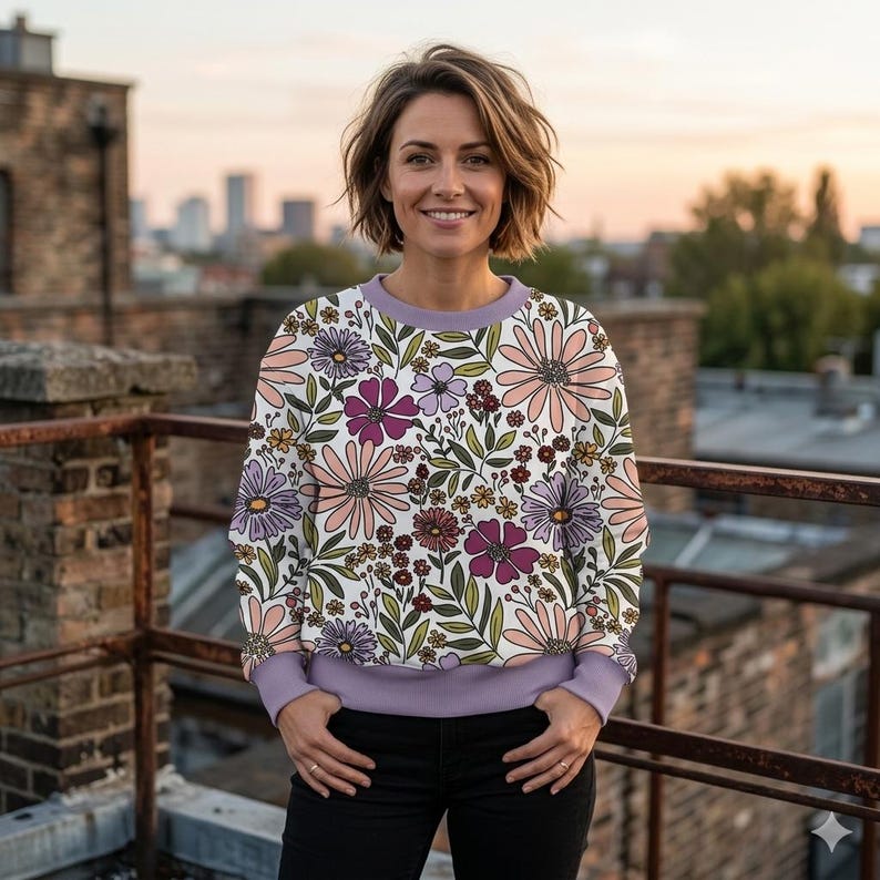 Pode incluir: Uma camisola com estampa floral com fundo branco, adornada com grandes flores rosa, roxas e amarelas. A camisola tem punhos e gola lil&aacute;s. A pessoa est&aacute; usando cal&ccedil;as pretas.