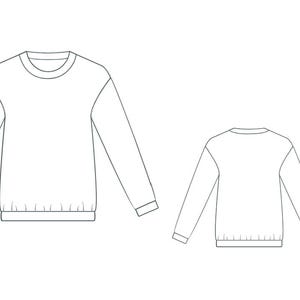 May include: Line drawing of a long-sleeved sweatshirt, front and back views. The sweatshirt has a crew neck, long sleeves, and a ribbed hem. The design is simple and minimalist, suitable for apparel design.