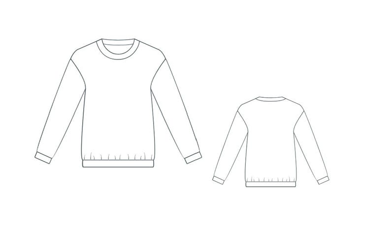 May include: Line drawing of a long-sleeved sweatshirt, front and back views. The sweatshirt has a crew neck, long sleeves, and a ribbed hem. The design is simple and minimalist, suitable for apparel design.
