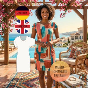 Könnte beinhalten: Eine Frau trägt ein gemustertes Kleid mit kurzen Ärmeln, das rechteckige Formen in Türkis, Orange und Braun aufweist. Das Bild enthält eine weiße Kleiderkontur und deutschen Text: "Anfänger-Schnittmuster: Nur 4 Nähte!"