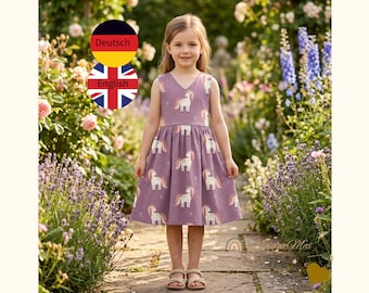 Molde para vestido infantil, julho, tamanhos 104-146 | Vestido de verão com decote em V | Costurando um vestido de malha | Alemão/Inglês e fácil para iniciantes | PDF