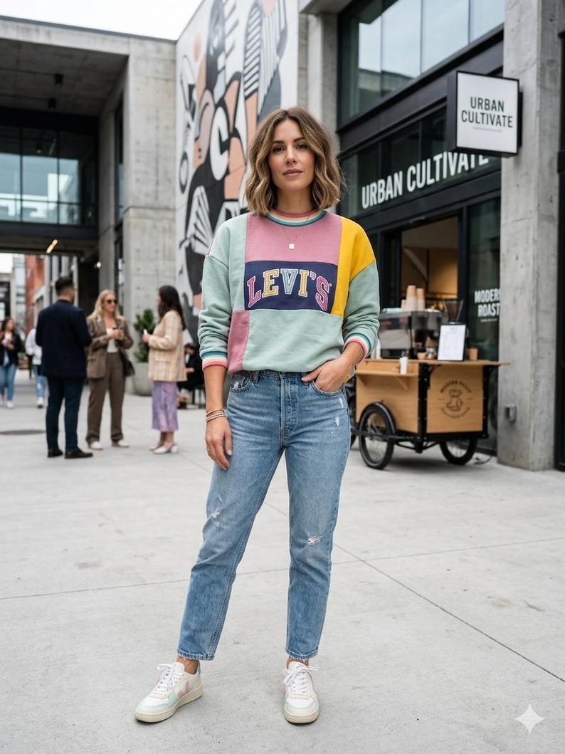 Pode incluir: Uma mulher usando um moletom Levi's com blocos de cores e jeans azul claro. O moletom apresenta pain&eacute;is em verde pastel, rosa e amarelo. Ela est&aacute; usando t&ecirc;nis brancos. O fundo inclui um pr&eacute;dio com um mural e uma cafeteria.