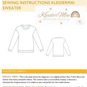 Pode incluir: Diagrama de um padr&atilde;o de costura de camisola. A imagem inclui o texto "SEWING INSTRUCTIONS KLEIDERMAI SWEATER" e "Kleider Mai Handmade Kleidung". O diagrama mostra as vistas frontal e posterior de uma camisola de manga comprida.