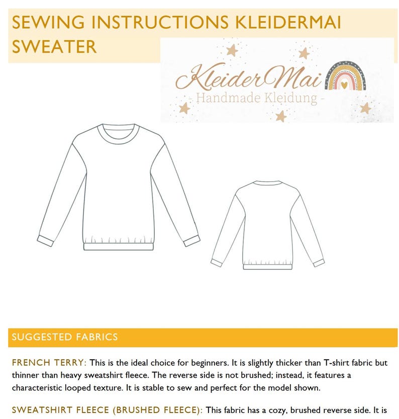 Pode incluir: Diagrama de um padr&atilde;o de costura de camisola. A imagem inclui o texto "SEWING INSTRUCTIONS KLEIDERMAI SWEATER" e "Kleider Mai Handmade Kleidung". O diagrama mostra as vistas frontal e posterior de uma camisola de manga comprida.