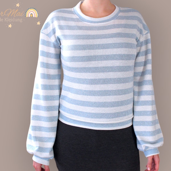 Lässiger gestreifter Pullover mit weiten Ärmeln und silbernem Glitzerfaden - Handgefertigt- Pullover Damen / Pullover Mädchen- blau weiß