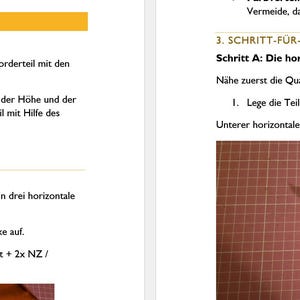 May include: A page from a sewing tutorial with German text and diagrams. The top section has the title "EXKURS ANLEITUNG F&Uuml;R DAS PATCHWORK-VORDERTEIL". The image shows instructions for cutting and sewing fabric pieces, with a focus on patchwork techniques.