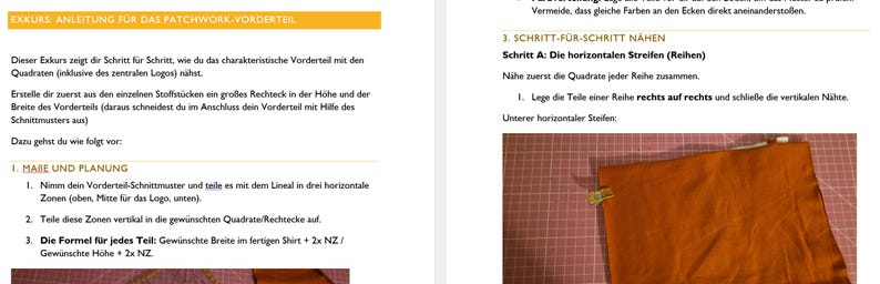 May include: A page from a sewing tutorial with German text and diagrams. The top section has the title "EXKURS ANLEITUNG F&Uuml;R DAS PATCHWORK-VORDERTEIL". The image shows instructions for cutting and sewing fabric pieces, with a focus on patchwork techniques.