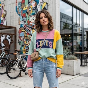 Pode incluir: Um moletom Levi's multicolorido com um logotipo azul marinho. O moletom apresenta pain&eacute;is rosa, verde menta e amarelos. A pessoa est&aacute; usando jeans rasgados azul claro e uma pequena bolsa bege. Um mural colorido est&aacute; ao fundo.