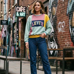 May include: A woman wearing a color-block Levi's sweatshirt with the brand name across the chest, paired with dark blue jeans and white sneakers. The background features a brick wall with graffiti and a sign that reads "CAFE & ART."