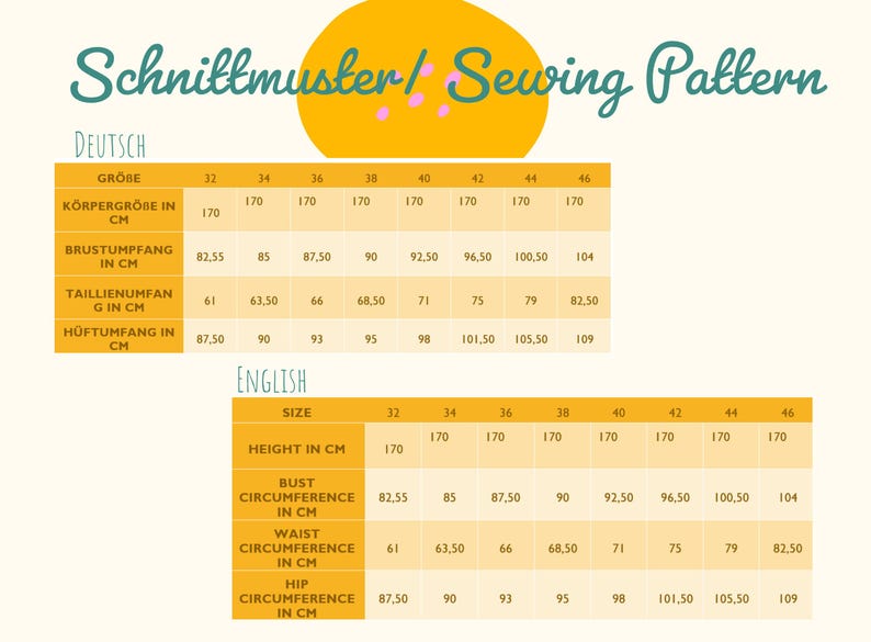 Pode incluir: Uma tabela de padr&otilde;es de costura com medidas em cent&iacute;metros. A tabela inclui tamanhos 32-46, com medidas de contorno do busto, cintura e ancas. O texto "Schnittmuster / Sewing Pattern" est&aacute; no topo.