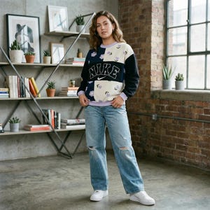 Pode incluir: Camisola Nike com padr&atilde;o floral e log&oacute;tipo branco. Combinada com jeans claros rasgados e t&eacute;nis brancos. O fundo inclui uma parede de tijolo e uma estante com objetos.