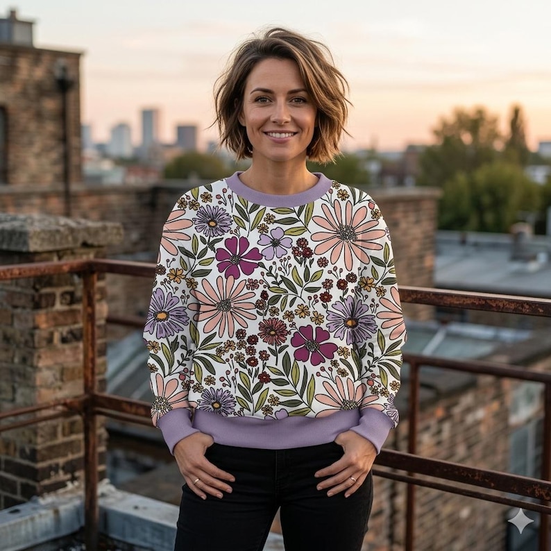 May include: A floral print sweatshirt featuring a white background with large pink, purple, and yellow flowers. The sweatshirt has a lilac collar and cuffs. The person is wearing black pants.