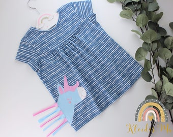 Mädchen Einhorn Shirt/T-Shirt/Bluse-kurz oder lang-blau gestreift mit Einhorn Größe 86, 92 , 98, 104, 110, 116, 122, 128,134,140,146,152,158