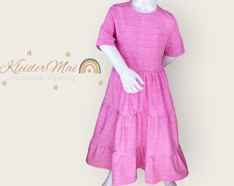 Sommerkleid Midi Mädchen rosa gesteift, Kinder Stufenkleid aus Baumwolle, handmade Kinderkleidung kurzarm Größe 116,122,128,134,140