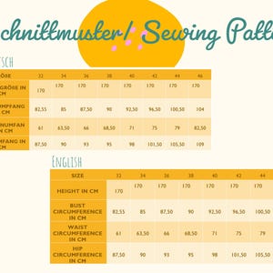 May include: A sewing pattern chart with measurements in centimeters. The chart includes sizes 32-46, with bust, waist, and hip circumference measurements. The text "Schnittmuster/ Sewing Pattern" is at the top, with a yellow circle.