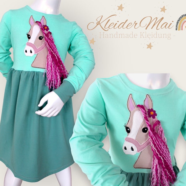 Kleid Mädchen Pferd mit Mähne, Geburtstagsgeschenk Mädchen, personalisierbar Größe 86, 92 , 98, 104, 110, 116, 122, 128, 134, 140, 146, 152