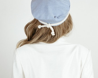 Light blue beret LA MER. Inspired by the yacht trips in blue sea. Perfect accessory for vacation. Wearable with a dress, jacket and more!