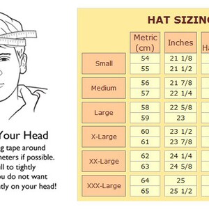 May include: A hat sizing chart with a diagram showing how to measure your head. The chart shows hat sizes in inches, UK hat sizes, and US hat sizes. The chart also includes the corresponding metric measurements in centimeters.
