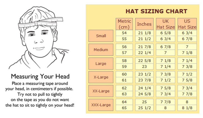 May include: A hat sizing chart with a diagram showing how to measure your head. The chart shows hat sizes in inches, UK hat sizes, and US hat sizes. The chart also includes the corresponding metric measurements in centimeters.