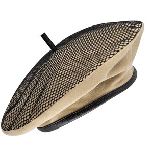 May include: A beige beret with a black mesh panel and a black leather trim.