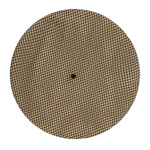 May include: A round, black and beige mesh plate with a small black dot in the center.