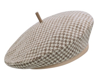 Houndstooth Beret CRÈME, French Wool Beret,Cool Parisian Beret,Wool Material Beret,Aesthetic And Elegant Handmade Wool Chic Wool Beret