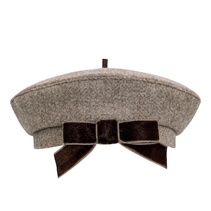 BOW JOUR BERET, Velvet Bow Beret, Minimal Beret, Antique Beret, Romantic Seasonal Fashionable Daily Wear Feminine Beret, Unique Beige Beret