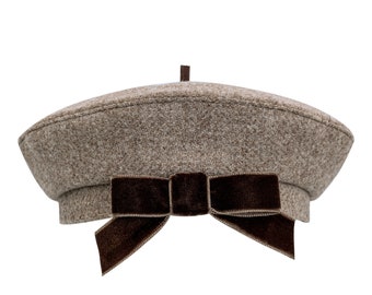 BOW JOUR BERET, Velvet Bow Beret, Minimal Beret, Antique Beret, Romantic Seasonal Fashionable Daily Wear Feminine Beret, Unique Beige Beret