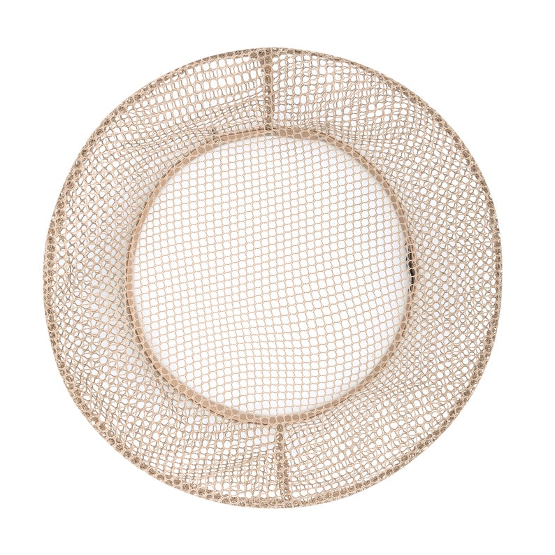 May include: A round, beige, wire mesh basket with a circular opening in the center. The basket is made of a fine wire mesh and has a slightly raised rim.
