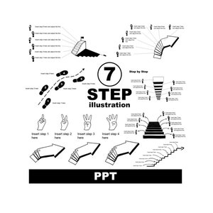 May include: Black and white infographic with the text "7 STEP illustration" and "PPT". The image shows various step-by-step diagrams, including arrows, footprints, and a staircase leading to a flag.