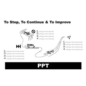 Plantilla de presentación digital de Powerpoint para ilustrar qué detener, continuar y mejorar en un estilo simple, de dibujos animados y dibujado a mano en PPT