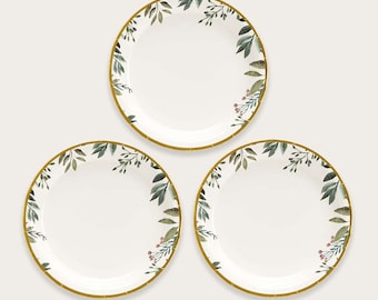 Set of 10 elegant disposable paper plates. For Birthdays, Weddings, Parties, Bridal showers. White paper plate with print and gold rim.