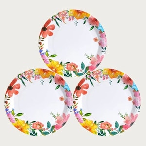 Juego de 10 platos desechables de papel elegantes y coloridos. Para fiestas, bodas, cumpleaños, eventos especiales. Plato de papel blanco con estampado de flores.