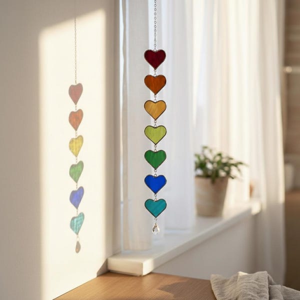 Stained Glass Heart Suncatcher, Rainbow Window Hanging Decor, Handmade Hearts, Mother's Day Gift