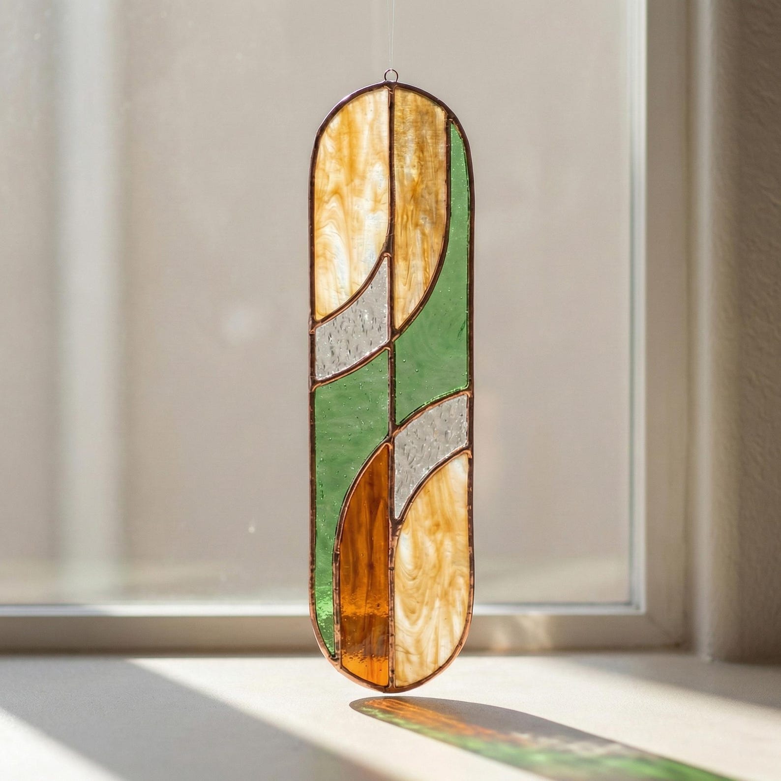 Handmade Stained Glass Suncatcher, Green Amber Abstract Window Hanging - 3" x 11"