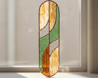 Handmade Stained Glass Suncatcher, Green Amber Abstract Window Hanging