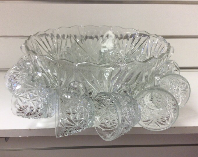 Vintage Crystal Glass Punch Bowl Set of 25 Piece Punch Bowl by Anchor Hocking Glass Punch Bowls