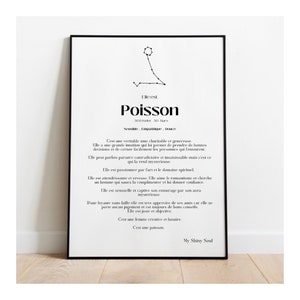 May include: A framed black and white print featuring the word "Poisson" in large font, with text below describing the Pisces zodiac sign. The print includes a constellation graphic and the text "My Shiny Soul."