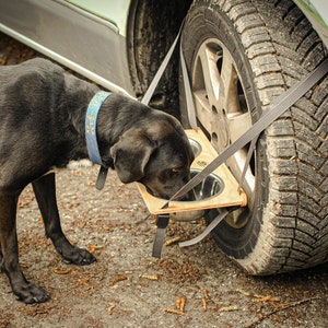 Dog bowl as a tire rack for camping, van life, traveling with a dog or dog walking