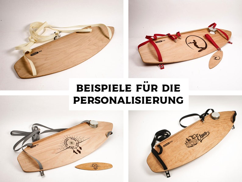 May include: Wooden balance boards with various designs and straps. The boards are light brown with black graphics and text. The text "BEISPIELE F&Uuml;R DIE PERSONALISIERUNG" is displayed in the center of the image.