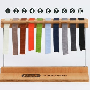 May include: A wooden display stand with ten colored fabric samples. The colors include cream, brown, orange, green, light blue, navy, gray, dark gray, and black. The stand has a wooden base and metal supports, with the brand name "Carlotte" visible.
