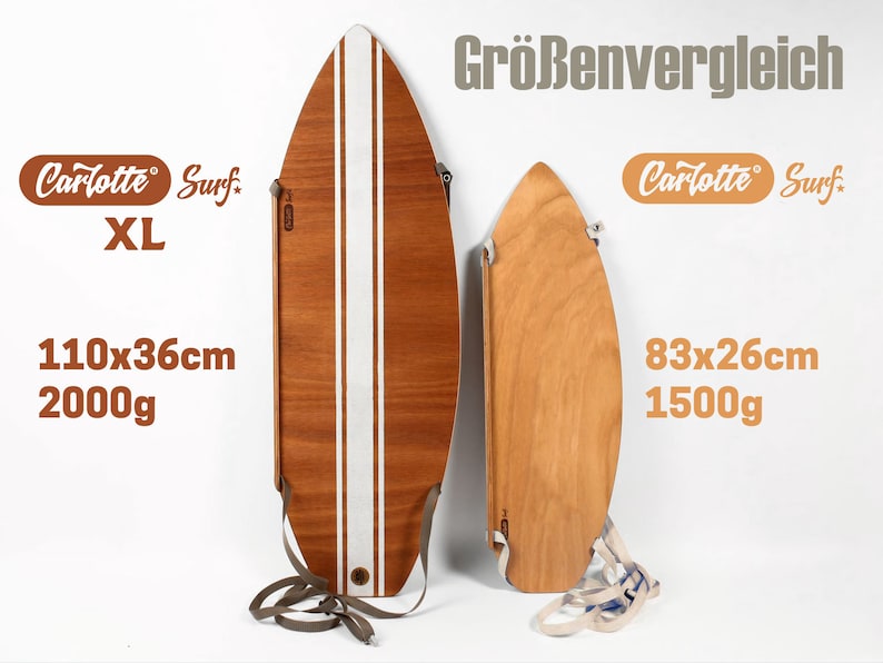 May include: Two wooden surfboards, one XL (43.3 x 14.2 inches) with white stripes and the other smaller (32.7 x 10.2 inches). The larger board weighs 4.4 pounds, and the smaller one weighs 3.3 pounds. The text "Carlotte Surf" is visible.